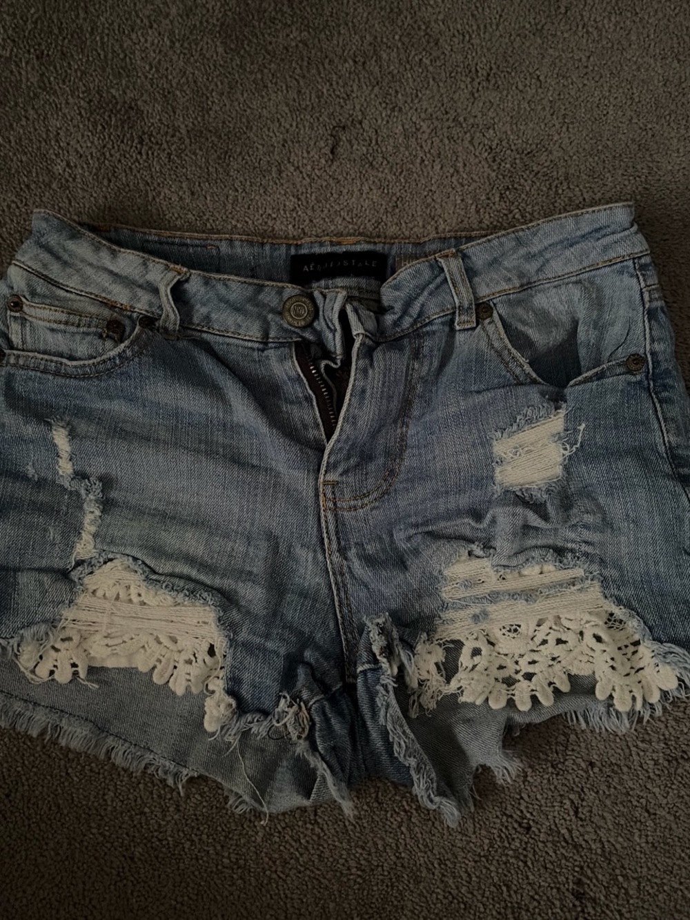 Aeropostale Light Blue Distressed Denim Shorts with White Lace